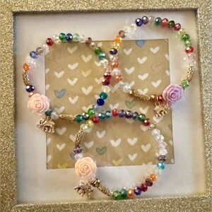 Gold-tone 3pc Bracelet, Multi Color, Peach, Purple & Pink Rose, w/Elephant Charm